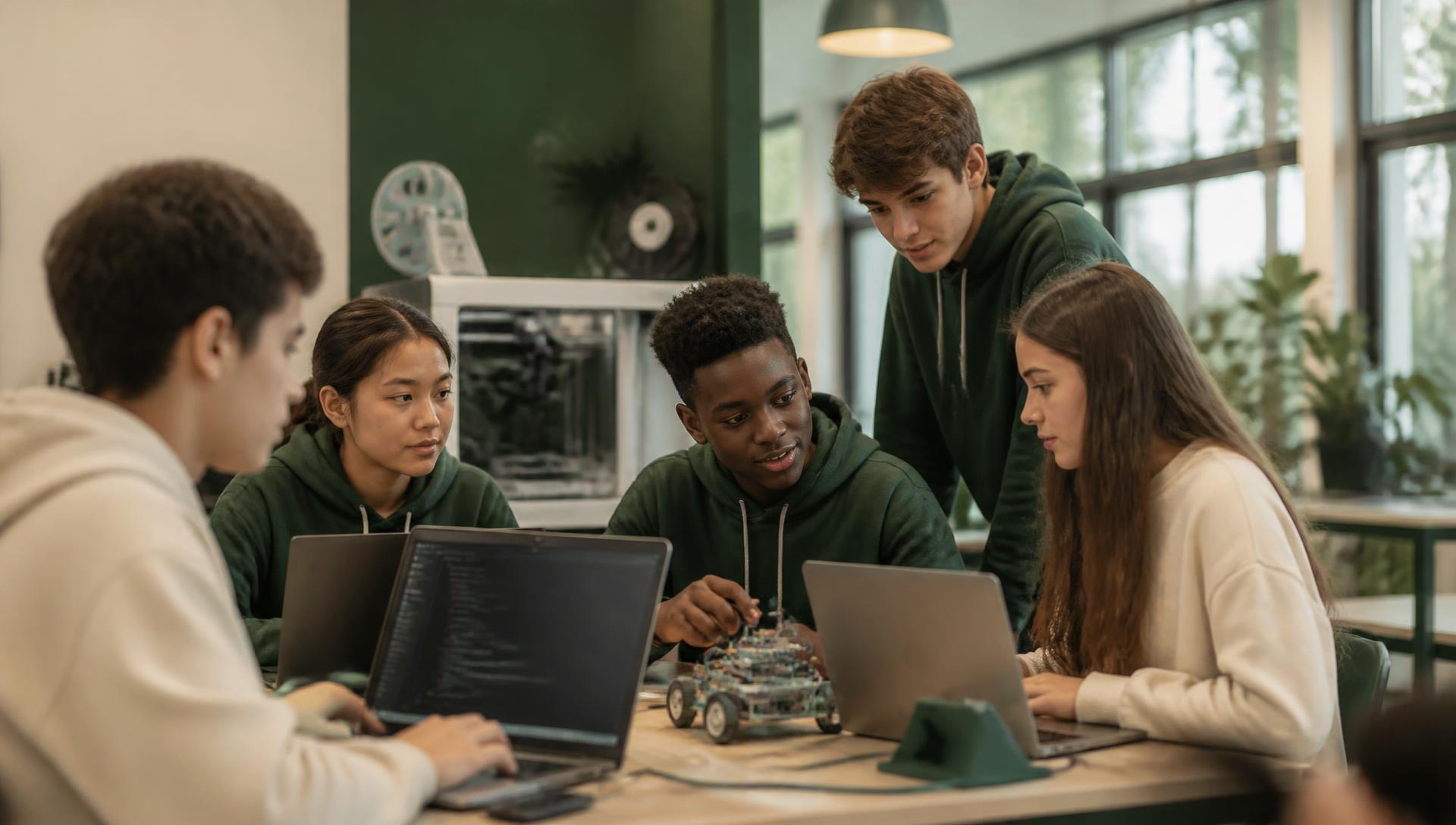 Middle and high school students collaborating around laptops and a robotics prototype in a technology lab